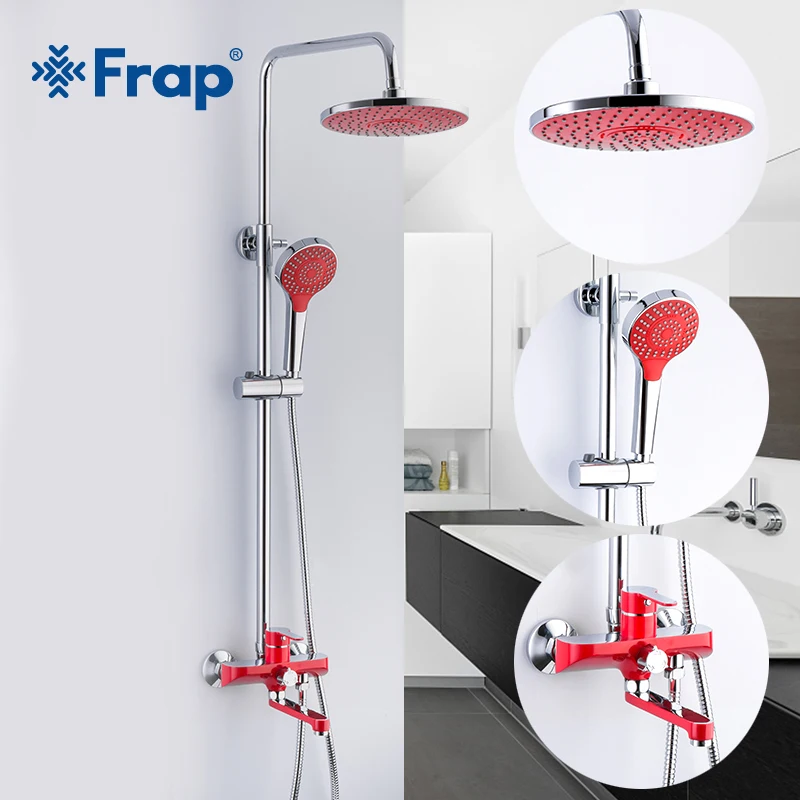 

Frap 1 Set Red Colour Luxury Wall Mounted Rain Shower Faucets Set System Cold&Hot Water Hand Shower Head Shower Mixer Tap F2443