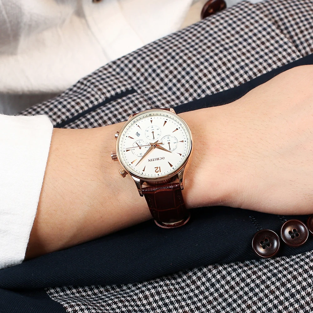 OCHSTIN водонепроницаемые кварцевые аналоговые часы для мужчин, новые мужские часы из натуральной кожи, деловые наручные часы с хронографом и календарем+ коробка