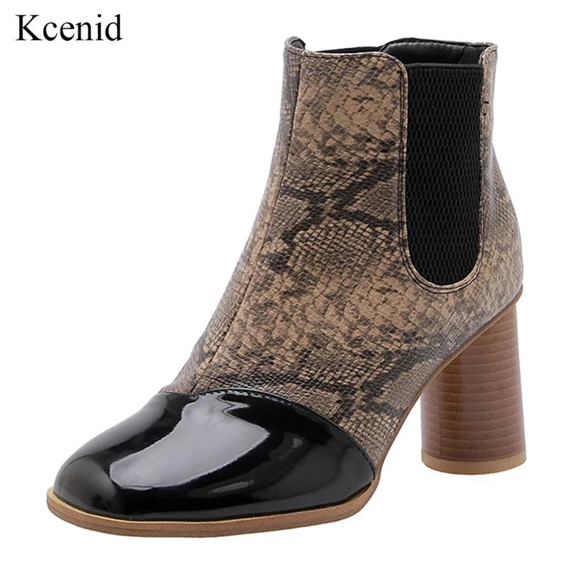 

Kcenid Winter new snake print shoes women ankle boots round high heel chelsea boots yellow botas mujer slip on cowboy boots 2020