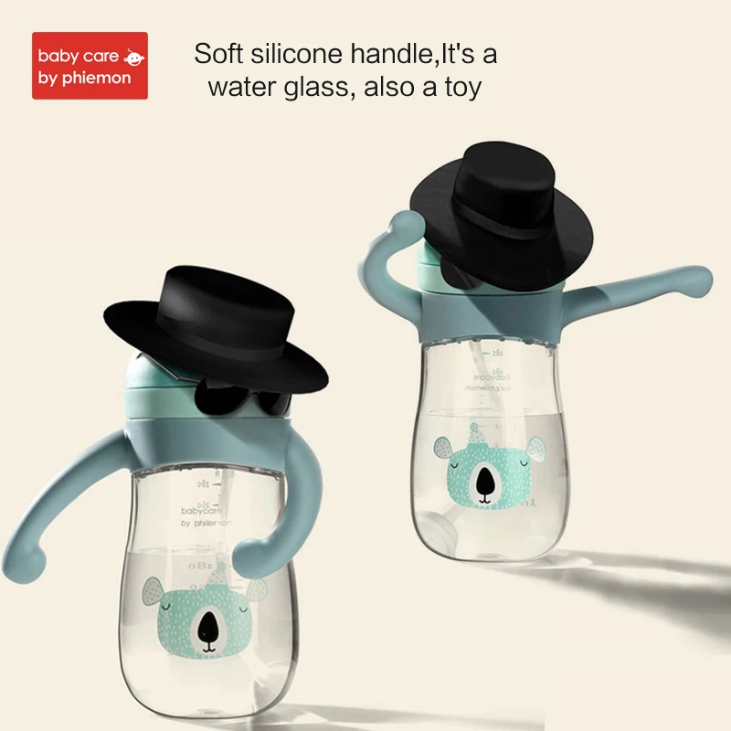 Babycare Brand Baby Water Bottle Infant Cartoon Gravity Ball Cup Soft Silicone Handle Straw Leak Proof Tritan Water Bottle 280ml