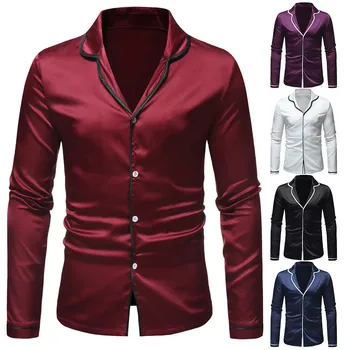 

blouse top Mens Autumn Winter Casual Fashion Satin Long Sleeve Pajama Top Shirt Blouse
