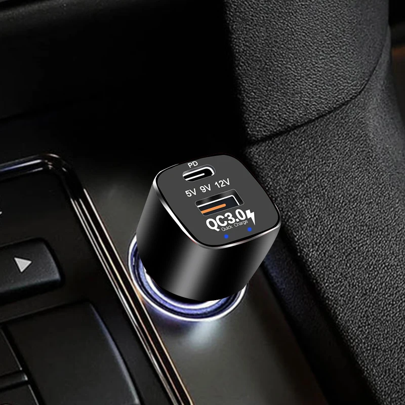 Автомобильное зарядное устройство USB PD SuperCharge QC3.0 2 порта двойной кабель для