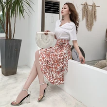 Новое поступление сексуальный цветочный принт с отворотом юбки женские летние элегантные пляжные бикини юбка Бохо с высокой талией асимметричные юбки