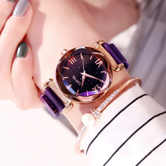 Розовое золото фантазия звездное небо наручные часы женские часы из сплава Роскошные женские модные часы со стразами Relogios Femininos - Цвет: Purple