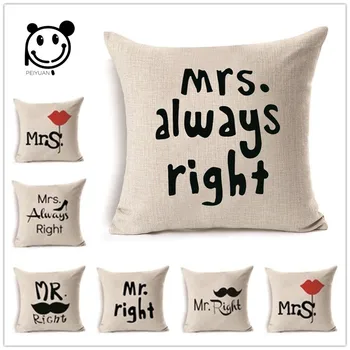 

PEIYUAN New Design Custom Printing Mr. and Mrs. Right Linen Square Cushion Cover Decorative Pillow Case Throw Cover