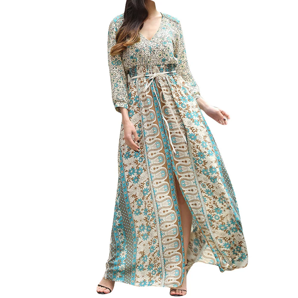 Dropship CTFZ00128 New Flowers printed dress Women long sleeve summer casual dressesin Dresses