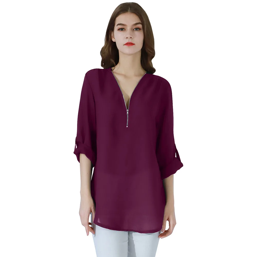 Модная женская блузка на молнии, шифоновая блузка, офисная, повседневная, для девушек, топ, летняя Женская туника, женская рубашка с длинным рукавом, одноцветные Блузы - Цвет: Фиолетовый