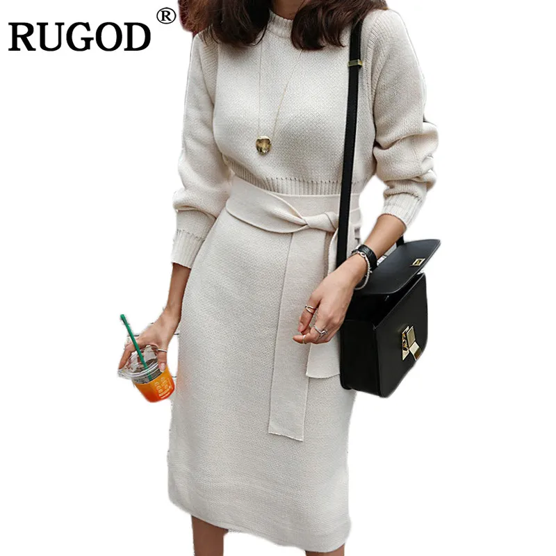 Goede RUGOD 2018 Nieuwe Winter Kintted Trui Jurk Vrouwen Zoete Elegante Trui O hals Lange Mouwen Mid Kalf Potlood Jurk Effen kleur