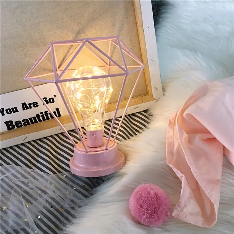 LED Iron Diamond Night Lights Candle Lamp Bar Store Table Desk Bedside Decor Bulb Pink Black Wedding Holiday Fairy Romantic Gift (7)