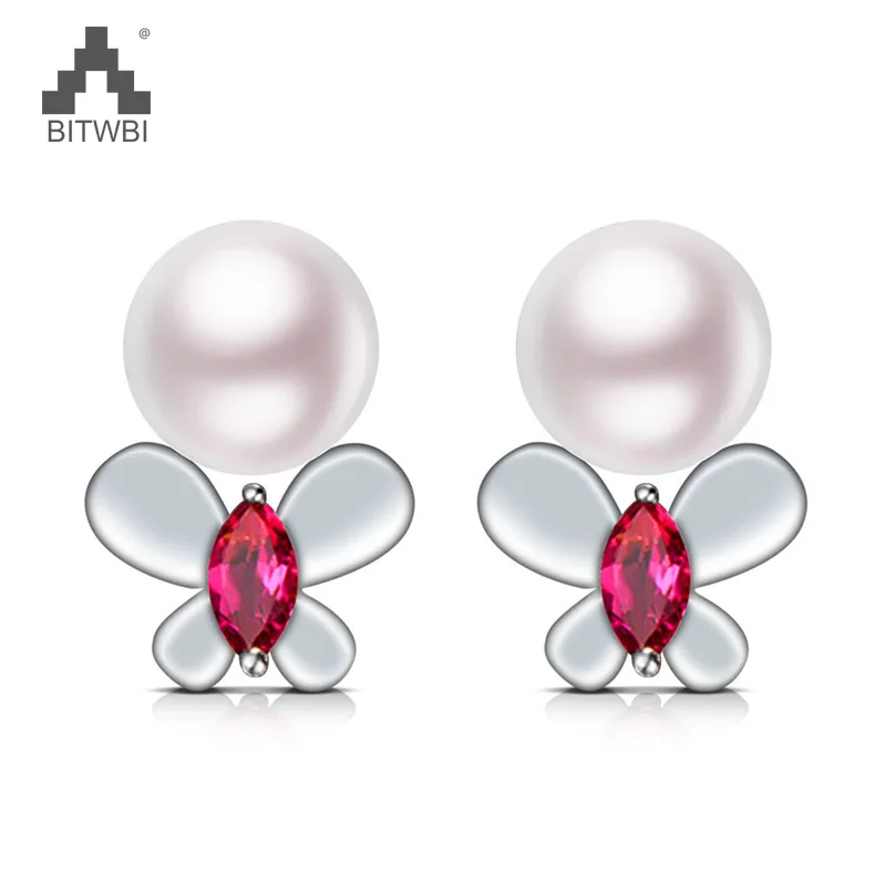 

New Design Butterfly Earring Genuine 925 Sterling Silver Natural Pearl AAA Red Zircon Earrings For Women Jewelry Gift