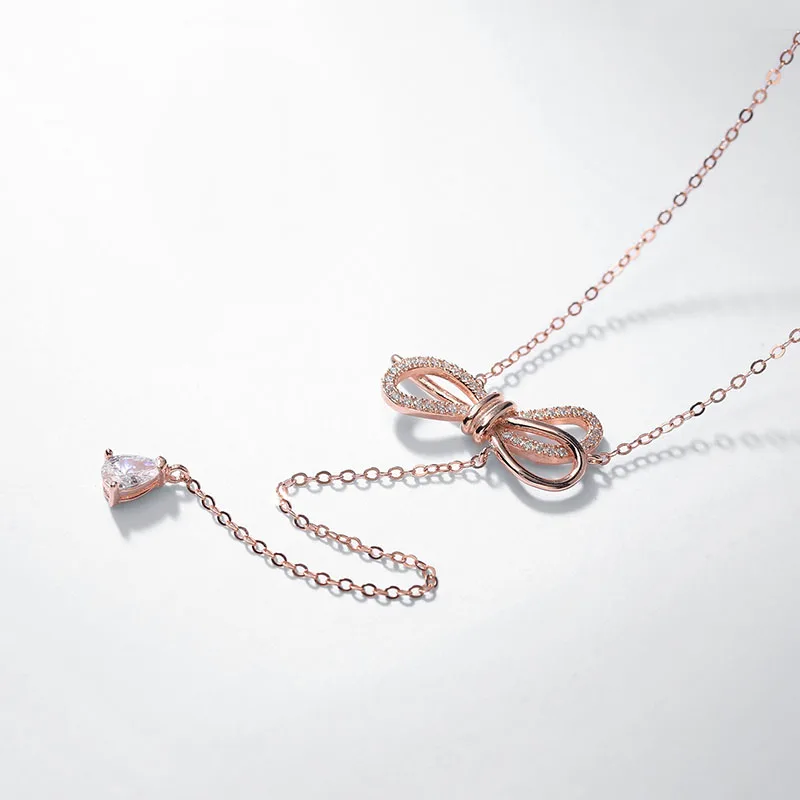 

VU178 New 2019 Silver 925 Necklaces Gifts Ladies Trendy Chain Rose Gold Pendant Necklaces Bowknot Drop Women Jewelry