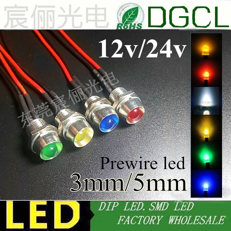 

100pcs 12V/24V Pre-wired 3mm 5mm LEDs Bulb with metal Holder Warm white/Red/Green/Blue/Yellow/White diffused 20cm Prewired LED