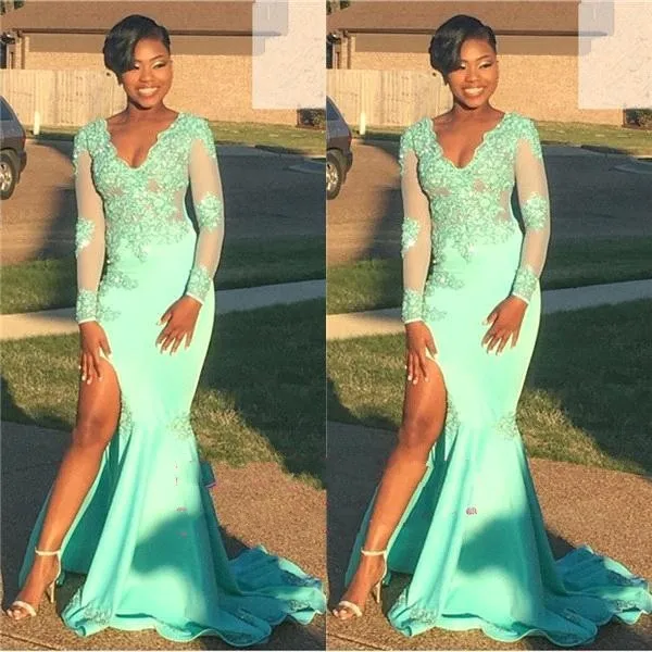 

Vintage African Mermaid Prom Dresses Long Sleeve 2019 vestidos de fiesta de noche V Neck Side Split Black Girls Women Gowns