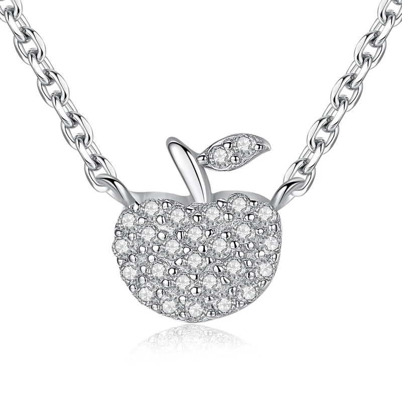 

New Authentic 925 Sterling Silver Necklace Sparkling Apple Pendant Necklaces Chain Clear Crystal Vintage For Women Jewelry