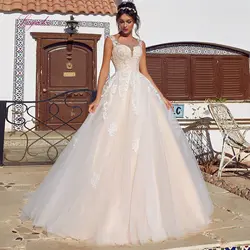 Liyuke/2019 свадебное платье трапециевидной формы с аппликацией, Глубокий круглый вырез, открытая спина индивидуальный Пол-Длина Vestido de Novia
