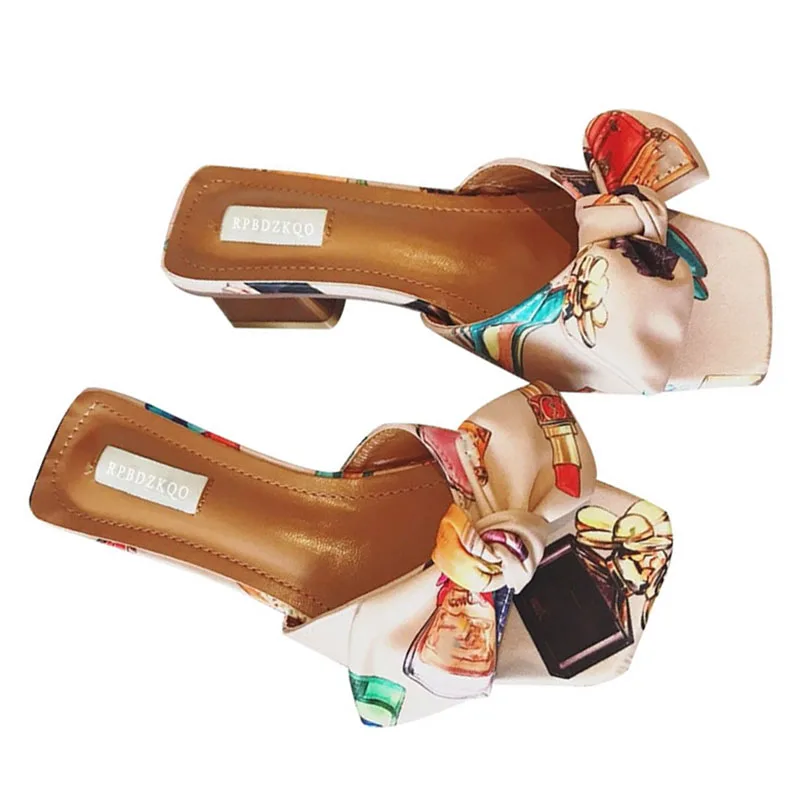 Bowtie Chunky Sandals Low Heel Slippers Open Toe Heels Pumps Floral Print Slides Bow Satin Shoes Kawaii Cute Purple Pink Women