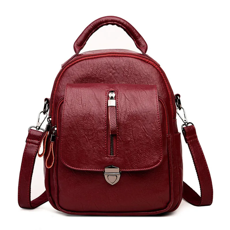 Женский рюкзак из мягкой кожи, школьные рюкзаки для девочек-подростков, модный многофункциональный рюкзак с замком, Mochila, дорожные сумки через плечо - Цвет: RED WINE