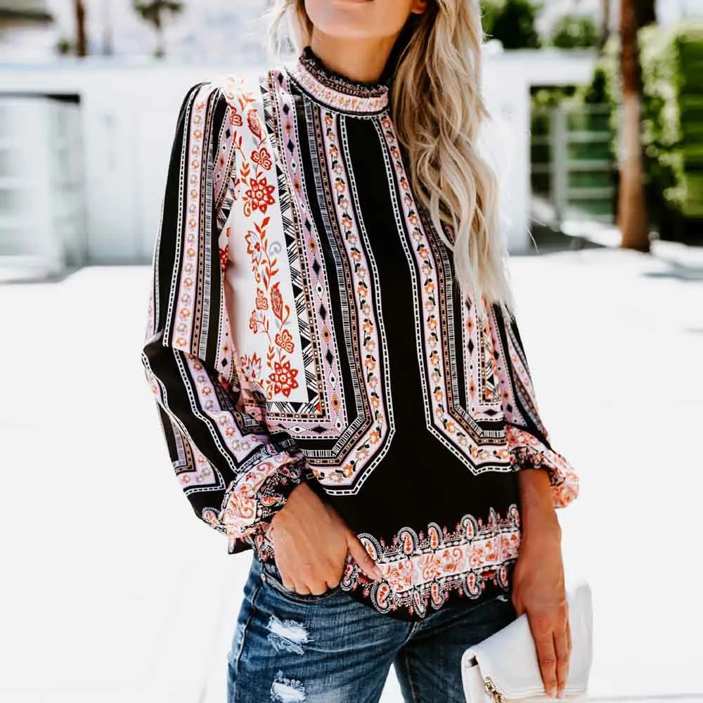 

Women Blouses 2019 Women's Fashion Print Long Sleeve Stand Collar Chiffon Shirt Blouse Tops Blusas Femininas Tops
