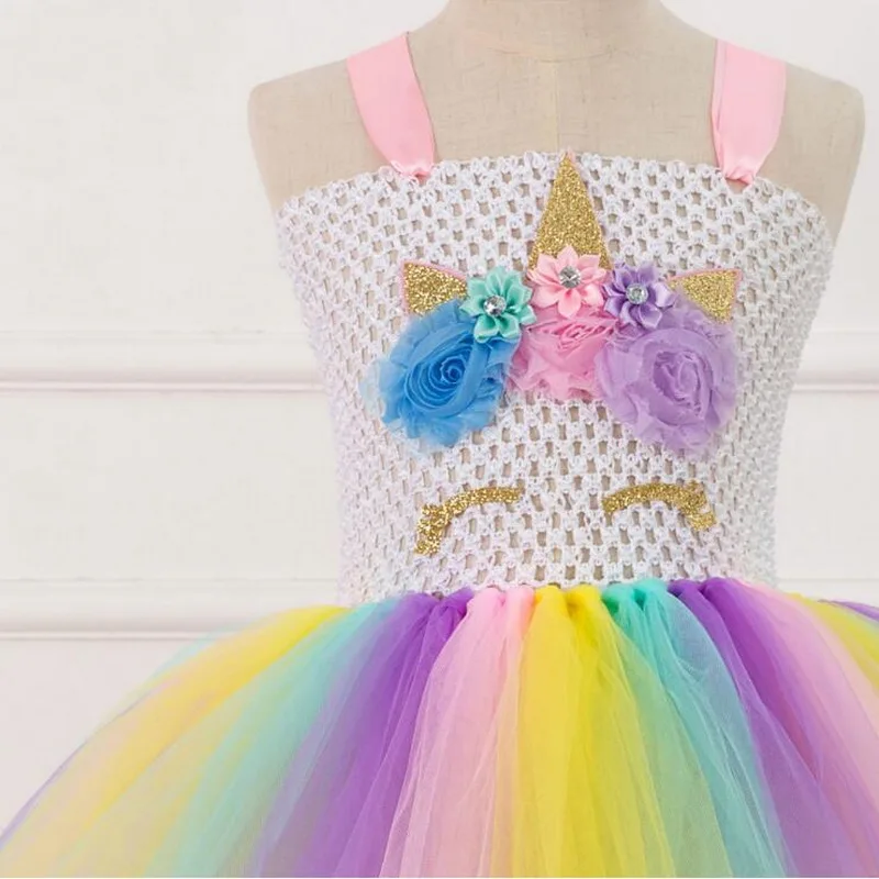 Rainbow Unicorn Tutu Tulle Dress with Hair Hoop Princess Flower Girls Party Dress Children Kids Halloween Unicorn Costume 2-10Y