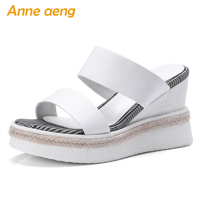 

2019 New Summer Genuine Leather Outside Women Slippers High Wedge Heel Casual Women Platform Shoes White Female Mules Slides