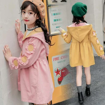 

New Autumn Kids Outerwear Girls 2 Colors Jackets New Spring For 3T-12 Girls Warm Hooded Mid Length Girls Coats Child Clothing
