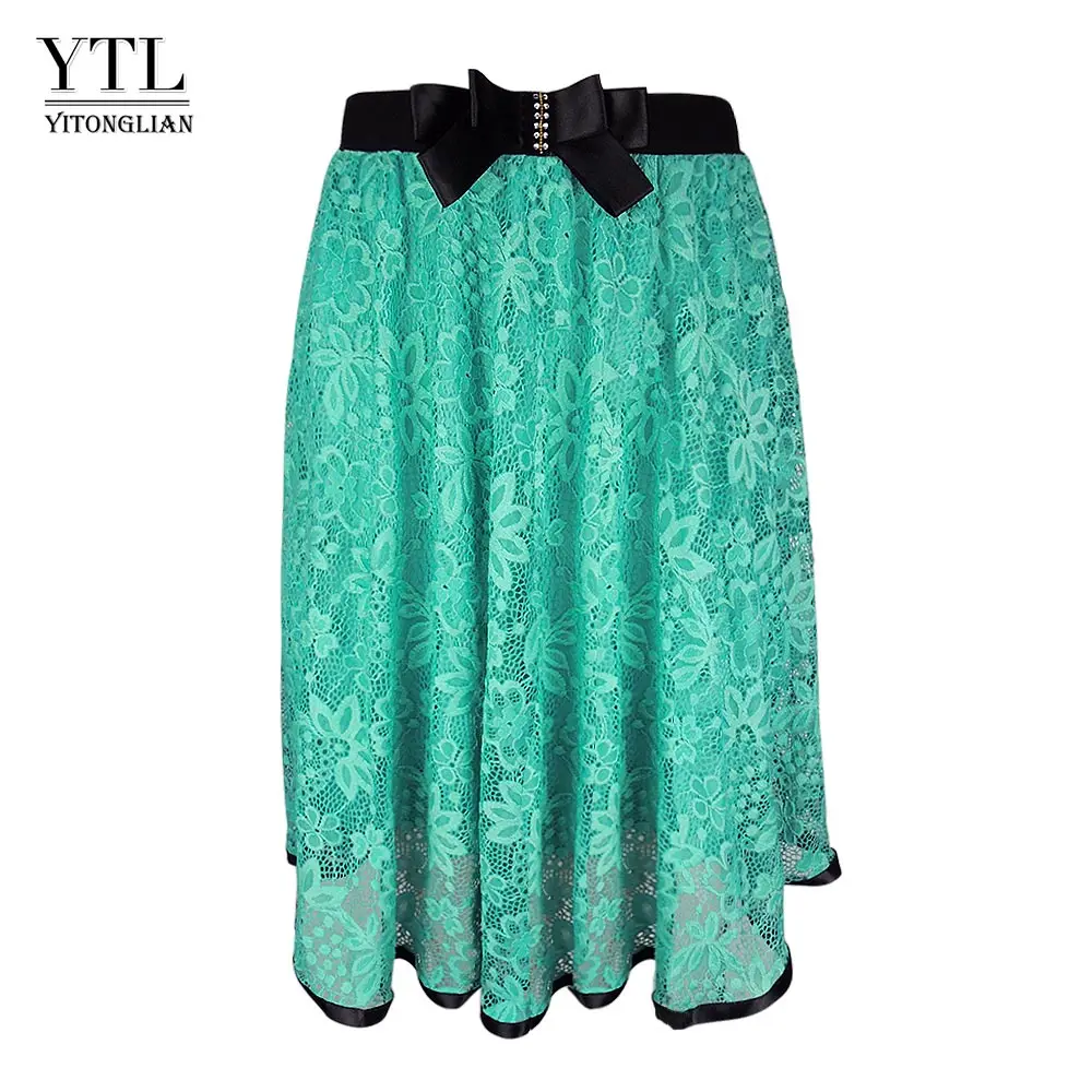 Green Lace YTL Женская юбка с высокой талией, кружевная пачка с бантом, юбки размера плюс, повседневные трапециевидные плиссированные винтажные юбки для женщин H245 - Цвет: Green Lace