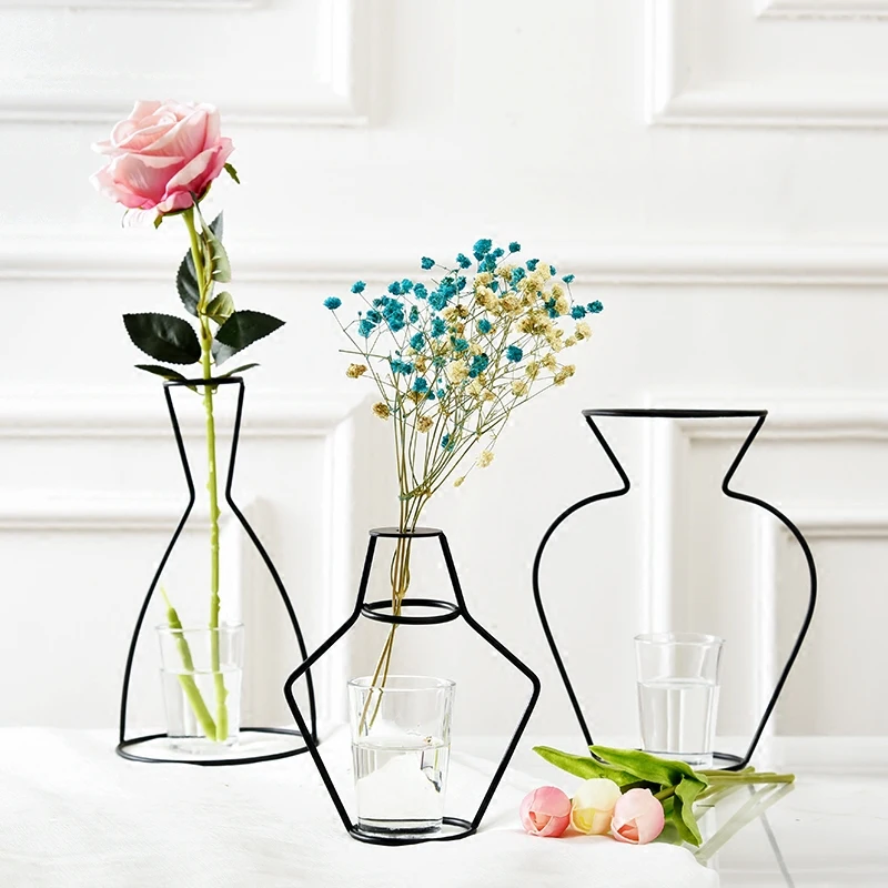 Creative Iron Shelving Flower Plant Vase Metal Frame Glass Flower Vase Stand Holder Terrarium Container Home Decor