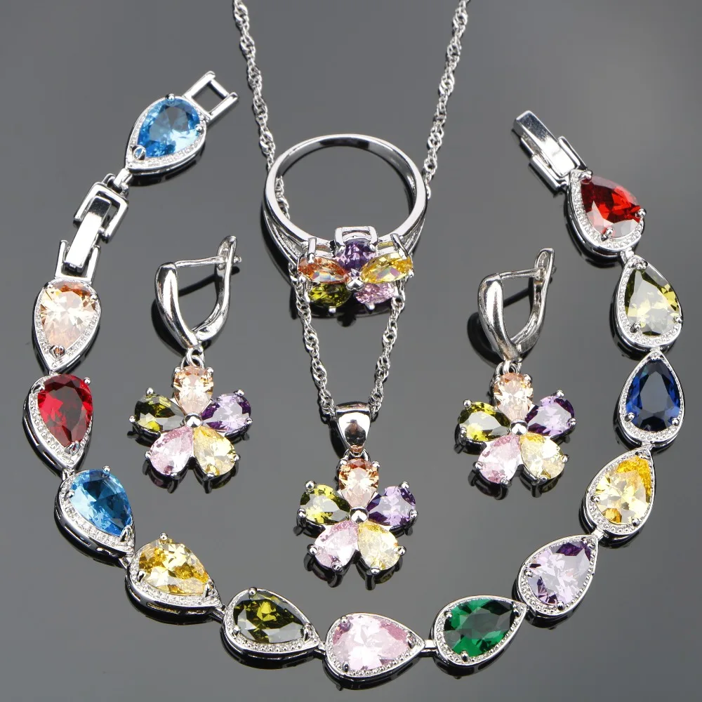 Silver 925 Bridal Costume Jewelry Sets Women Colorful Zirconia Earrings