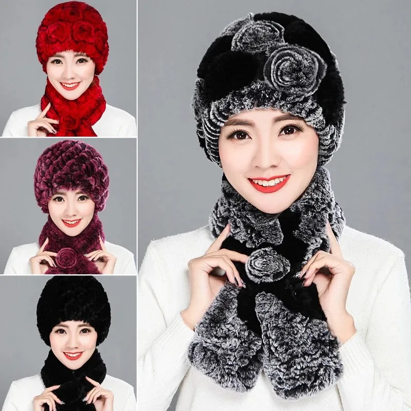 Fashion girl fur cap lady winter natural real rex rabbit fur hat scarf Suite high quality women 100% genuine fur free shipping 4