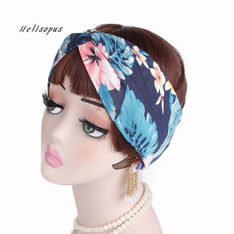 

Helisopus 2019 Autumn Ladies Flower Printed Headband Cotton Hair Accessories for Women Twisted Headband Elastic Hairband