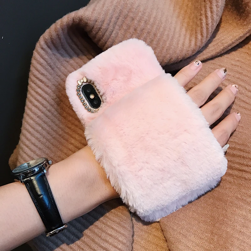 

Warm Fur Rabbit Hair Wristband Phone Case For iPhone 7 8 6s Plus Case Cute Soft TPU Plush Cover For Iphone X XS Max XR