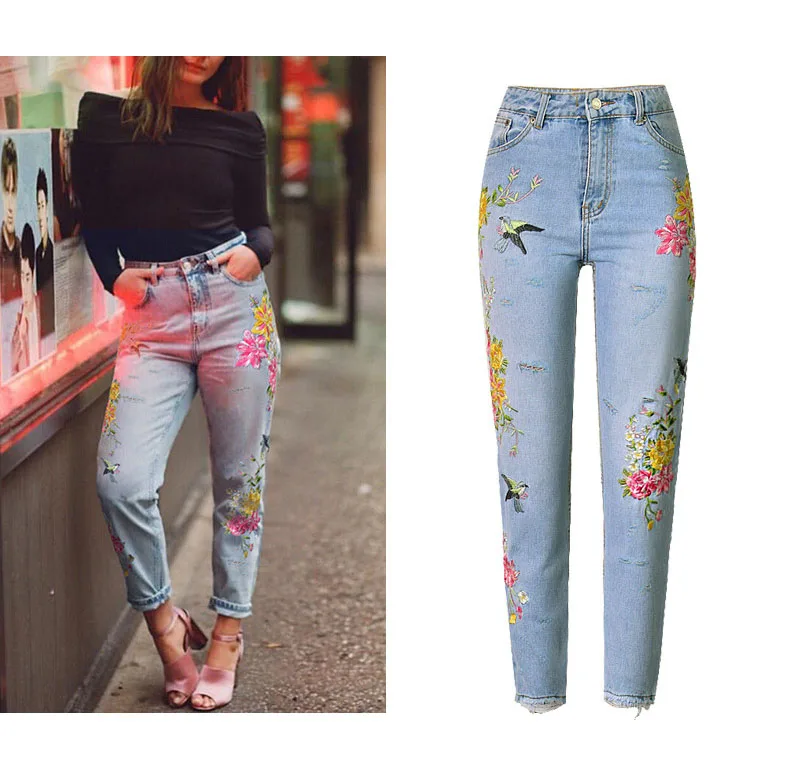 2017 Europe and the United States women's 3D three-dimensional heavy craft bird flowers front and rear side embroidery high waist straight irregular wear jeans (6)