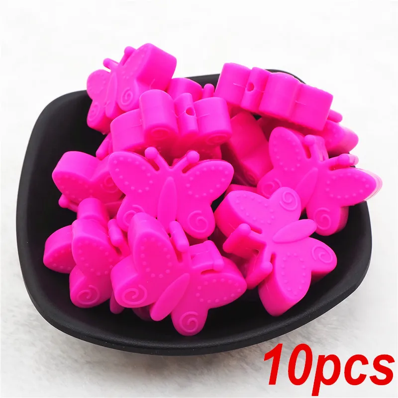 Chenkai 10 шт. без БФА, силиконовый Бабочка игрушка бусы DIY Baby Shower Прорезыватель для зубов Монтессори Сенсорная Игрушка Животные бусины аксессуары - Цвет: Fuchsia