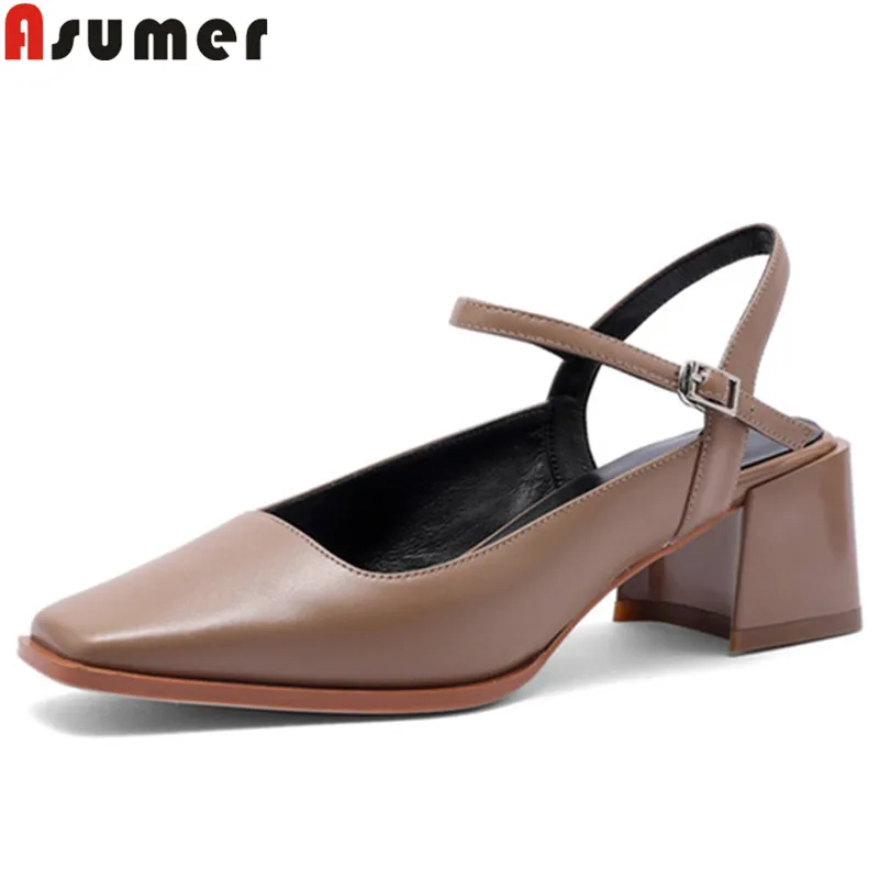 

ASUMER fashion new shoes woman square toe buckle genuine leather shoes women square heels slingback pumps women shoes 2019