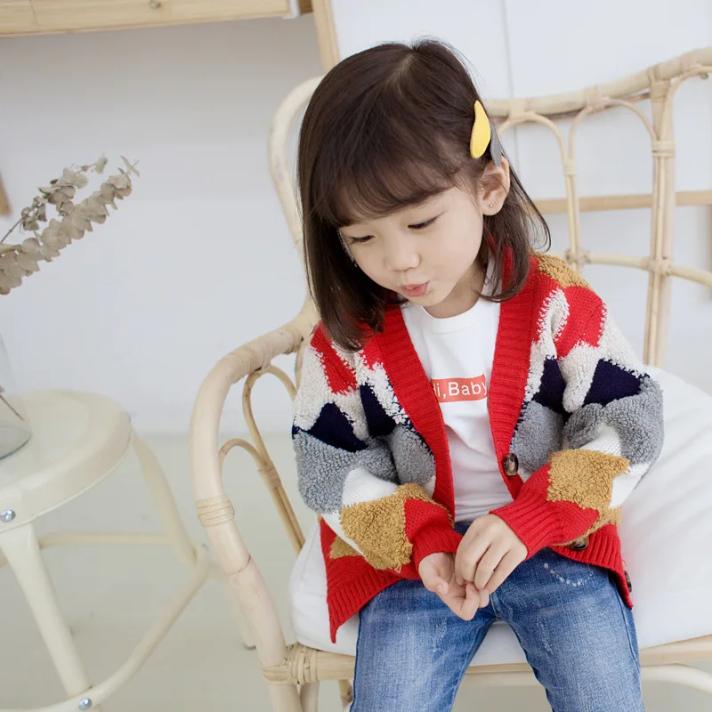 

Baby Girl Sweater Cardigan Autumn Winter Fashion Preppy Style Kids Girls Woolen Coat Baby Rhombus Patchwork Coat Toddler Outwear