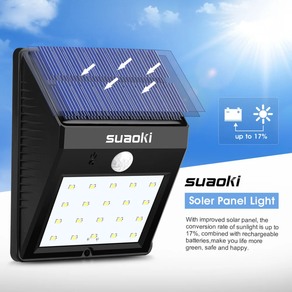 Suaoki солнечный датчик движения свет 20 светодиодный 800 mAh перезаряжаемый аккумулятор тусклый/яркий режим освещения Авто ВКЛ/ВЫКЛ водонепроницаемый атмосферостойкий