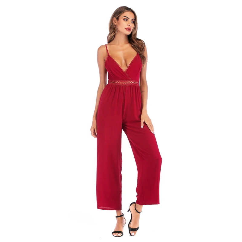 

Sexy Backless V Neck Tank Long Jumpsuit Women Casual Wine Red Bow Jumpsuit Summer Beach Rompers Womens Jumpsuit Streetwear Femme
