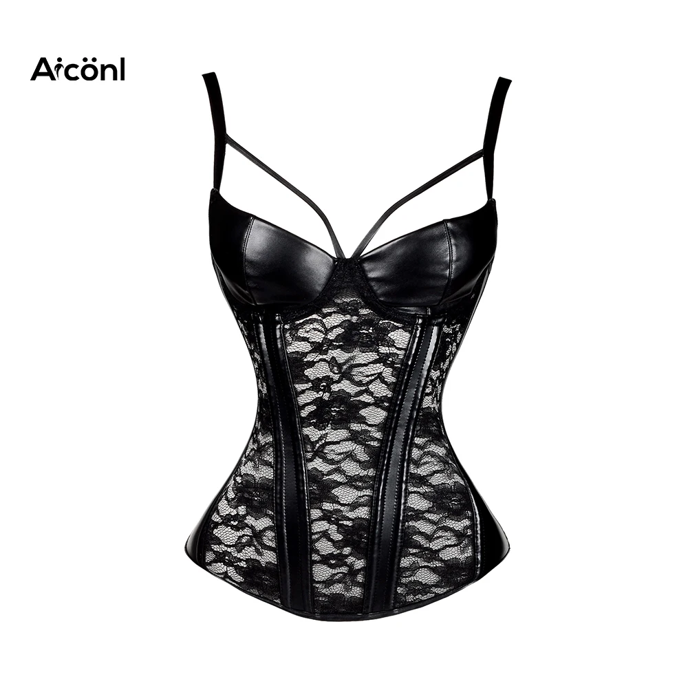 

Gothic shoulder strap sexy plastic blouse lace seam leather corset female underwear leather skinny slimming corset control body