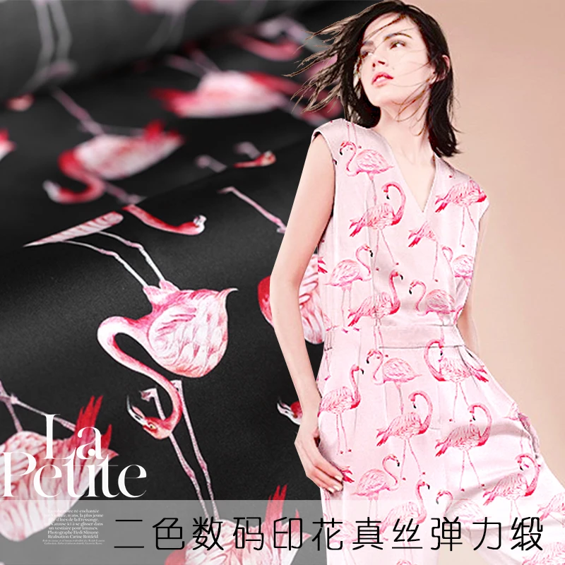 

108cm wide 19mm 94% silk & 6% spandex firebirds printed stretch silk satin fabric for dress shirt clothes cheongsam black pink