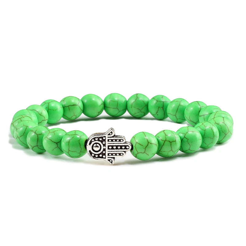 Hot Sale Alloy Hand Black Lava Beads Bracelet Natural Stone Volcanic Prayer Charm Bracelets Women Men Jewelry Femme Homme Gifts - Окраска металла: Apple Green Sliver