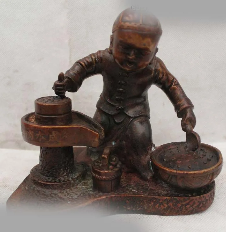 

7"China Chinese Folk Bronze traditional Boy handwork Grinding Tofu Statue