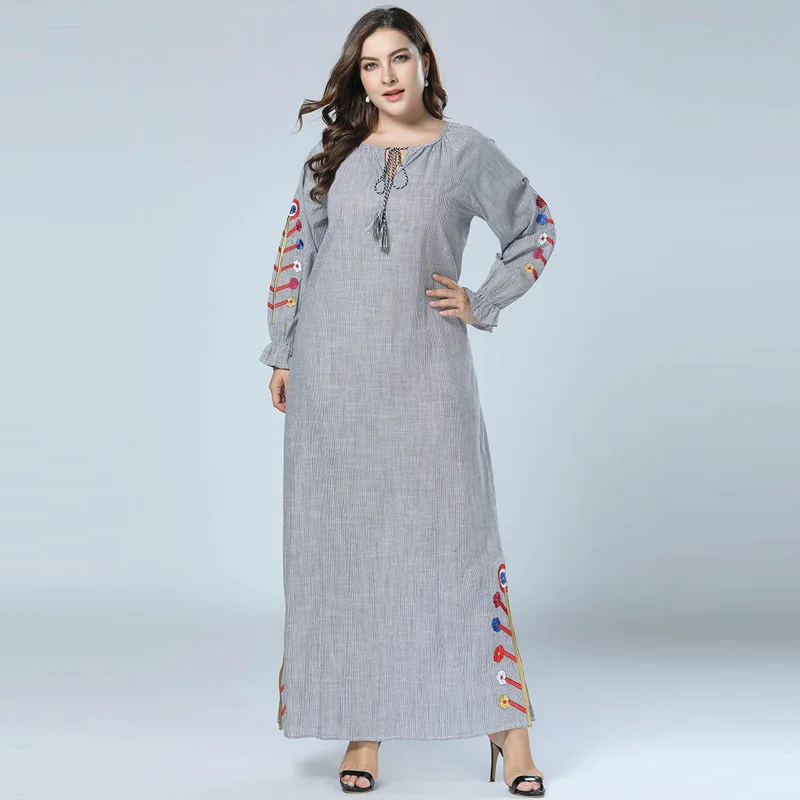 Осеннее хлопковое льняное платье Женская мода Абая, для мусульман Кафтан Исламская вышивка Дубай Кафтан серый vestidos M-4XL