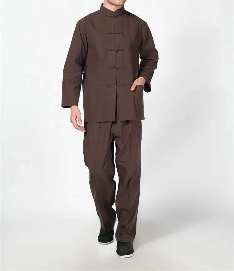 

Pure Cotton Traditional Chinese Tang Suit Long Sleeve Set Kung Fu Clothes Uniform Shirt Coat Pants for Men
