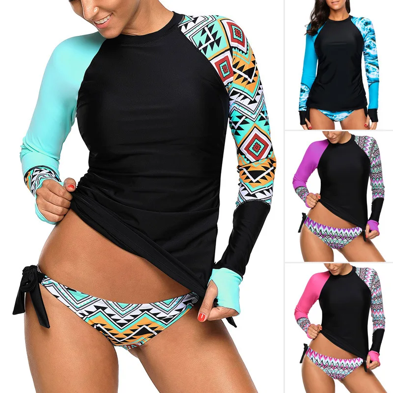 

Swimsuit Women Sexy Bikini Long-sleeved Swimsuit Bikini With Conservative Printing Round Collar Non-ring Split Swimsuit