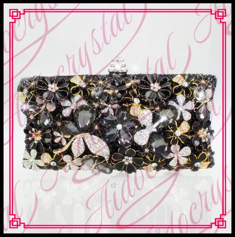 Aidocrystal Christmas Party Diamond Flower Clutch Box Bag Small Handmade Black Gold Evening Bag Purse For