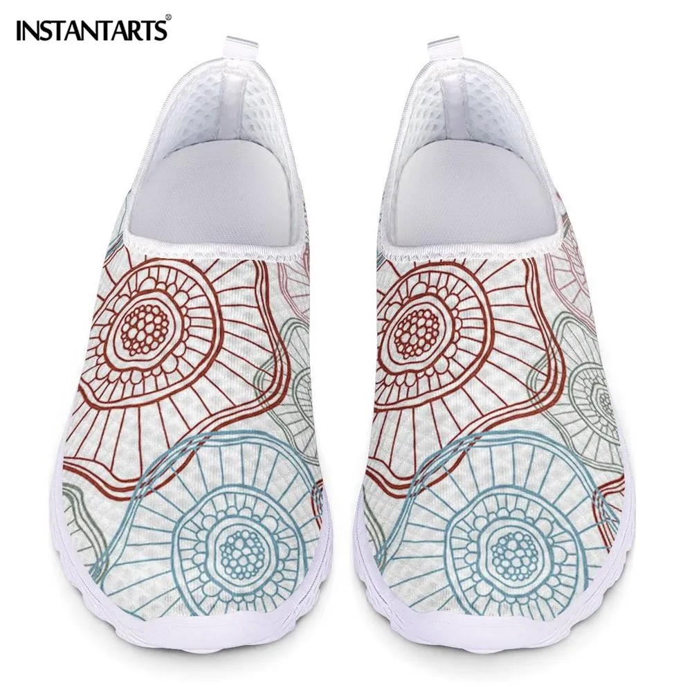 INSTANTARTS Summer Women Flats Shoes Flower Squiggle Brown Blue Design ...