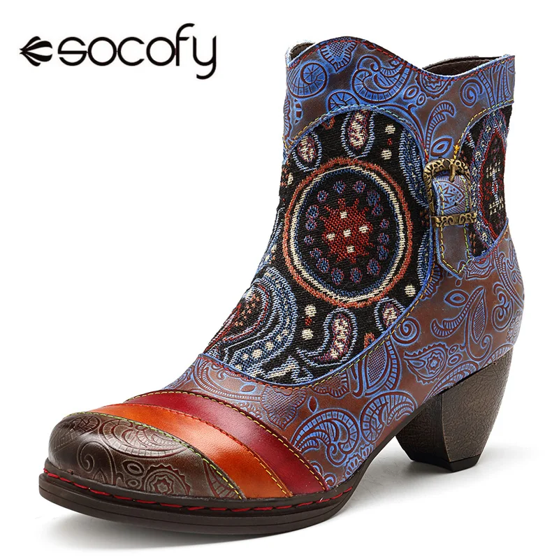 Online Socofy Vintage Bohemian tobillo botas Mujer zapatos de cuero genuino Retro impreso Zip Block tacones altos señoras zapatos barcos Mujer