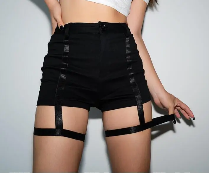 

Women Sexy Hollow Out Strap Shorts Fashion Black High Waist Garter Shorts Thigh Bandages Female Punk Gothic Shorts