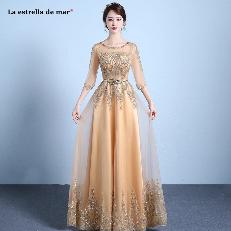 

Vestido dama de honor boda 2019 new Scoop neck 3/4 sleeve ALine gold champagne silver lace sequin wedding party dress long