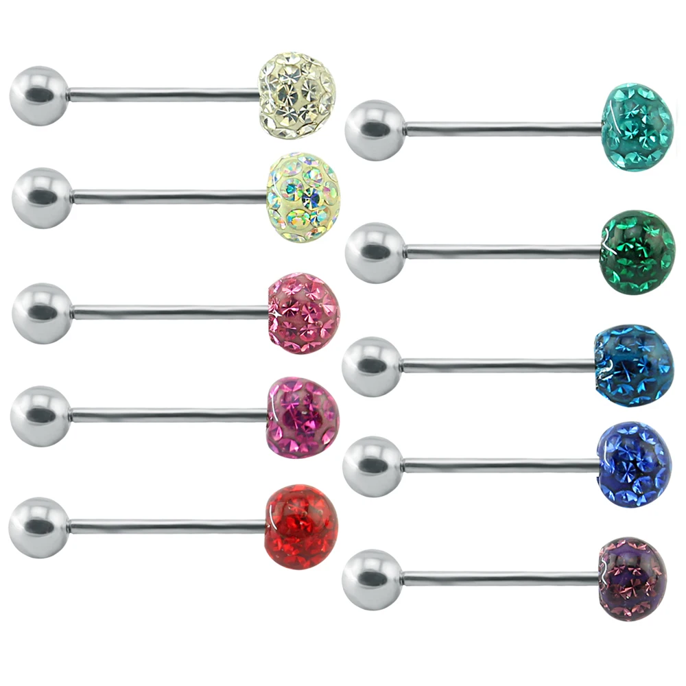 14g Crystal Surgical Steel Tongue Piercing Barbells Balls ...